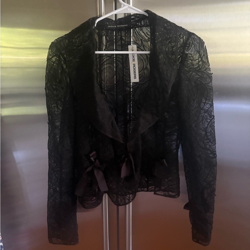 Jackie Rogers designer black lace jacket with bows size 6